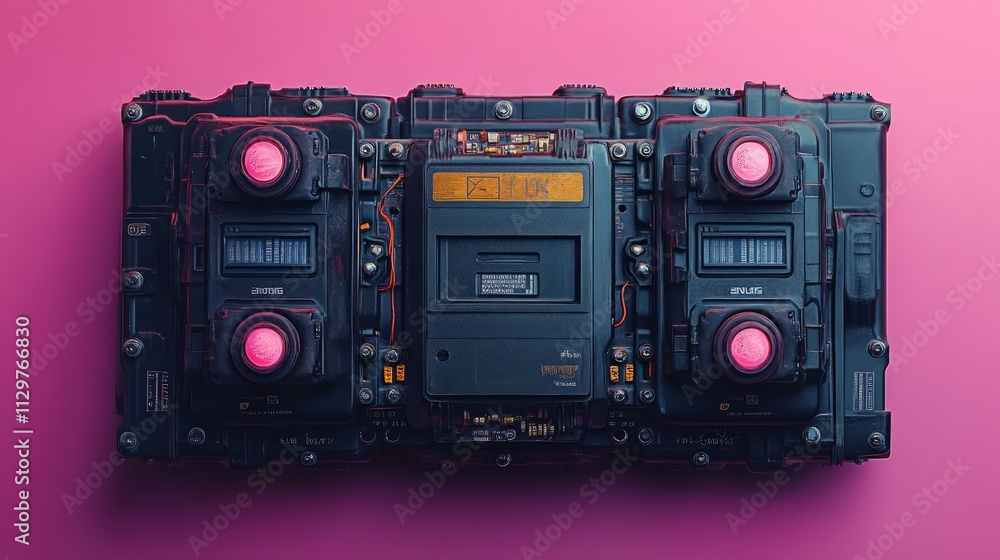Fototapeta premium Futuristic, dark grey, metallic, electronic device, with glowing red buttons, on a vibrant pink background. Complex circuitry and storage units are visible.