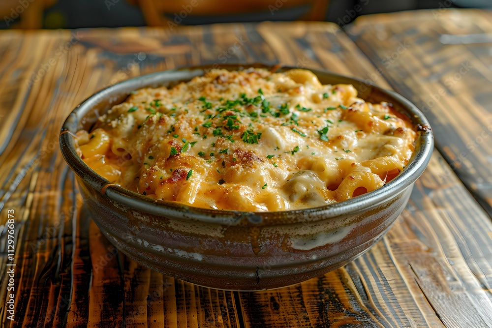 Creamy, cheesy macaroni and cheese in a rustic bowl, garnished with parsley, on a wooden table. Creamy, cheesy macaroni and cheese in a rustic bowl, garnished with parsley, on a wooden table.