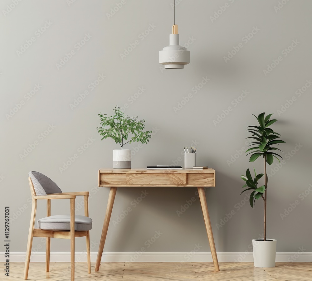 Minimalist home office desk with chair. potted plants. and pendant lamp against a gray wall Minimalist home office desk with chair. potted plants. and pendant lamp against a gray wall