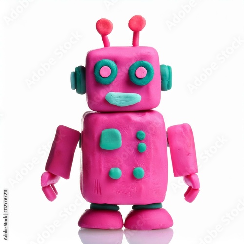 pink funny Robot molded from plasticine modeling clay isolated on white background