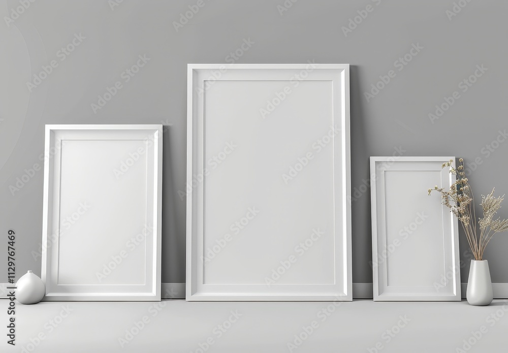 Three white picture frames on a gray wall with a vase of dried flowers Three white picture frames on a gray wall with a vase of dried flowers
