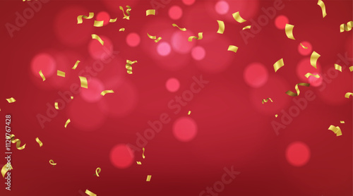Red background with bokeh and golden confetti. Vector illustration.