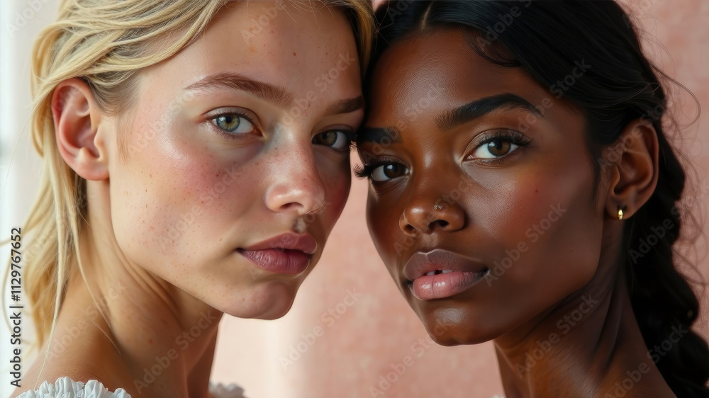 Blonde Girl and African American Brunette Girl Portrait on Light Background, Close Up Blonde Girl and African American Brunette Girl Portrait on Light Background, Close Up