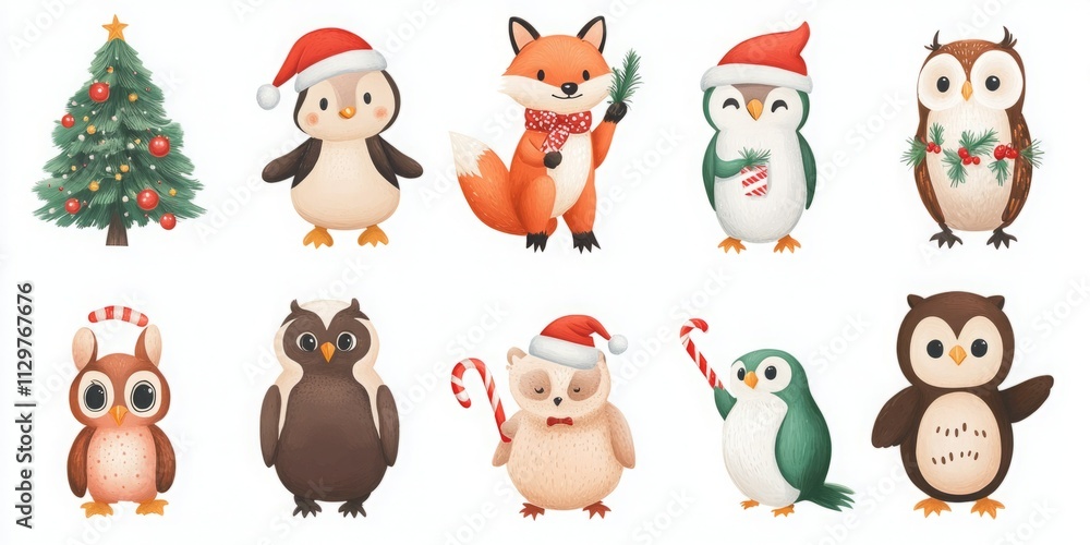 Fototapeta premium Adorable winter animals in festive attire. Penguins, owls, and a fox celebrate the holidays.