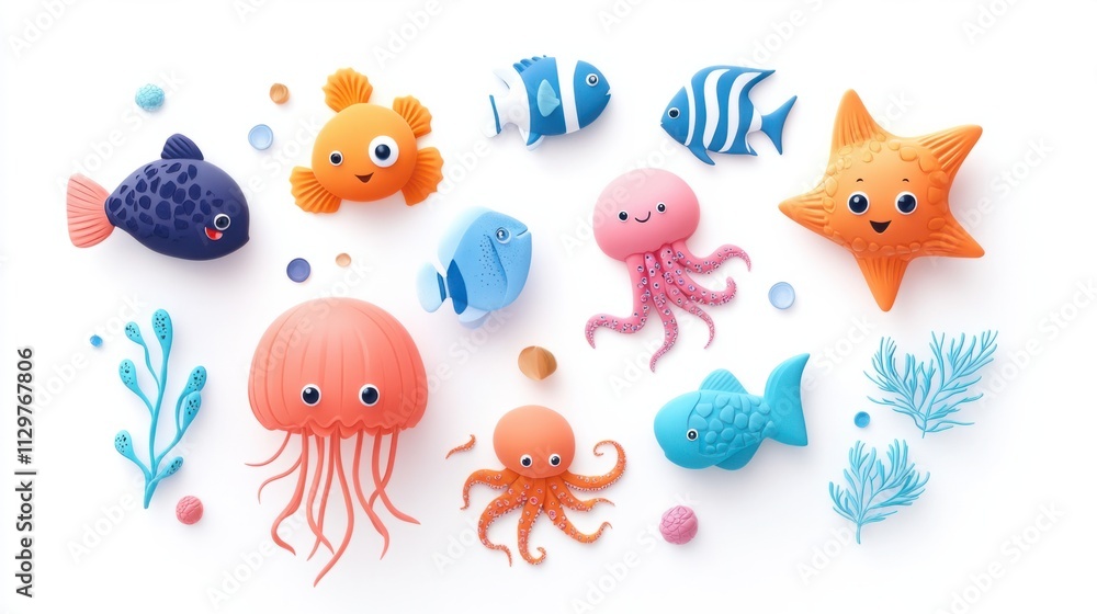 Naklejka premium Cute 3D sea creatures, including jellyfish, octopus, and fish, creating a lively underwater collection, on a white backdrop