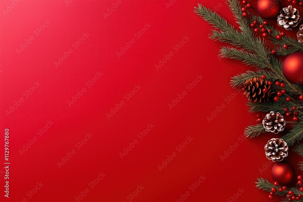 Christmas decorations arranged on red background. Fir branches with pine cones, red baubles. Empty space for design text. Festive Christmas theme. Perfect for holiday cards gift wrap. Suitable for Christmas decorations arranged on red background. Fir branches with pine cones, red baubles. Empty space for design text. Festive Christmas theme. Perfect for holiday cards gift wrap. Suitable for