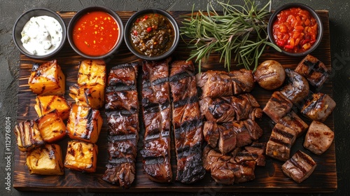 Wallpaper Mural Grilled steak, potatoes, and assorted sauces on a wooden board. Torontodigital.ca
