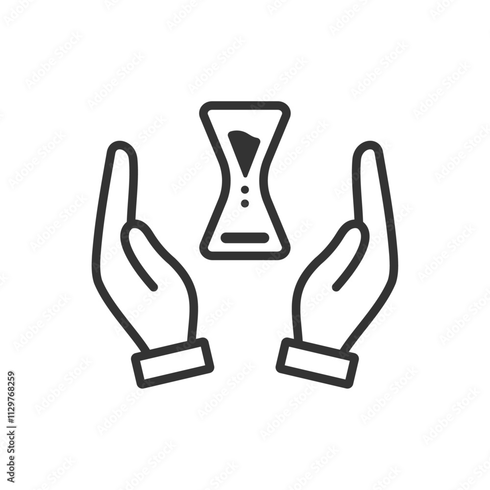 Obraz premium タイパを現す砂時計と手のひらのベクターアイコン(線画・白黒)