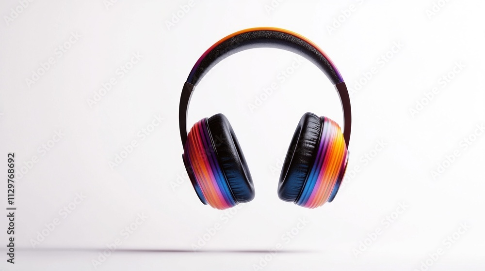 Flying headphones colorful stripe pattern in midair on white background Flying headphones colorful stripe pattern in midair on white background