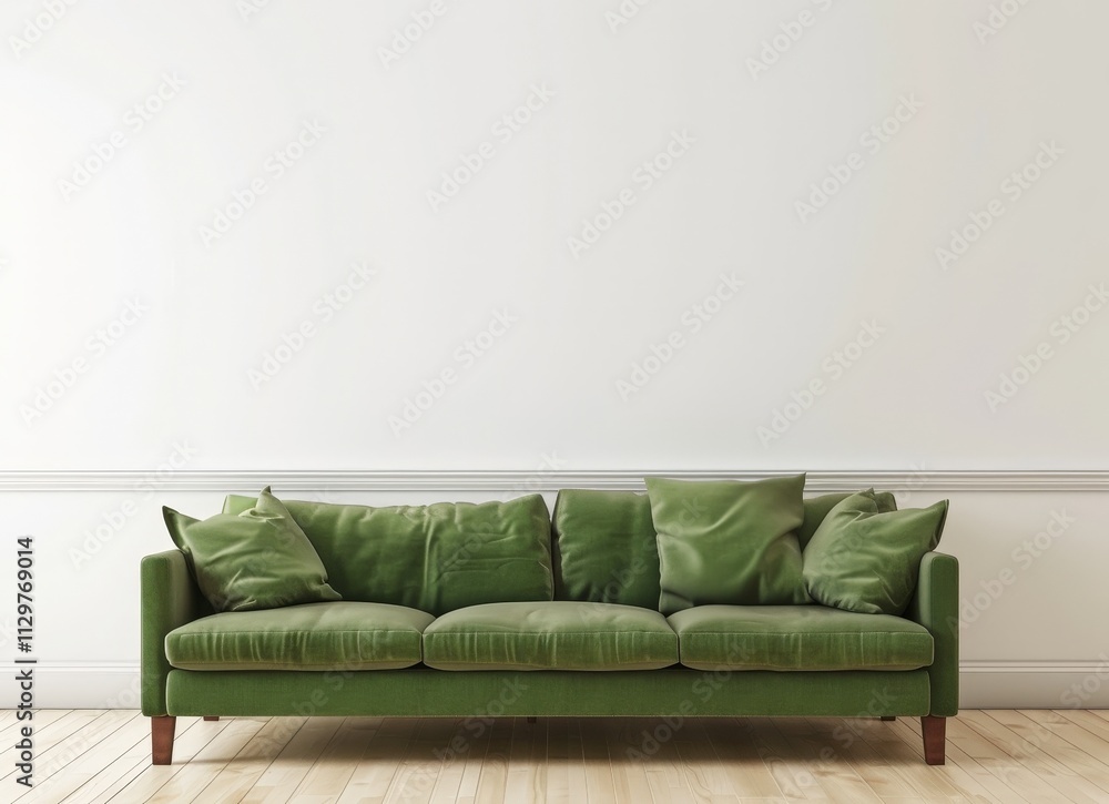 A green velvet sofa sits in front of a blank white wall. perfect for displaying artwork or a product A green velvet sofa sits in front of a blank white wall. perfect for displaying artwork or a product