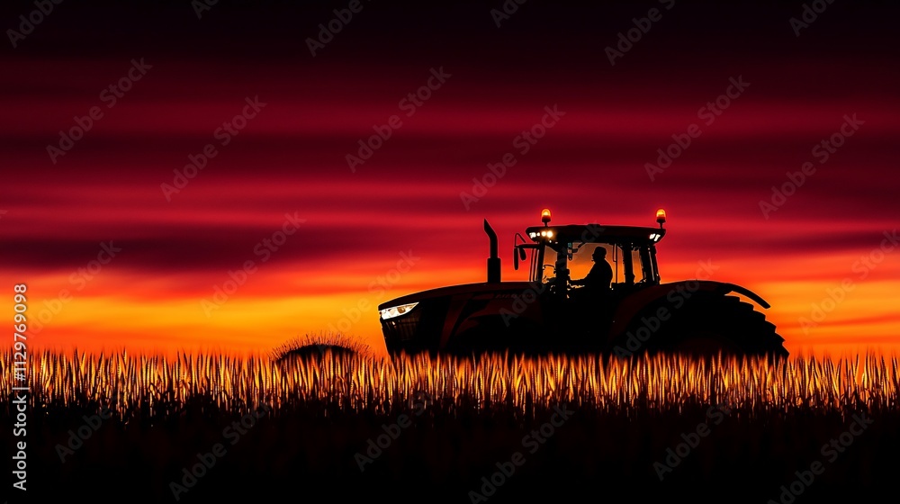 Fototapeta premium Silhouette of tractor working in field at sunset.