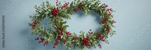 A beautiful Christmas wreath made of artificial mistletoe and red berries on a light blue background, festive, mistletoe, blue