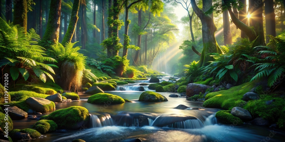 Fototapeta premium Immersive forest stream animation: perfect seamless looping background for urban exploration videos.