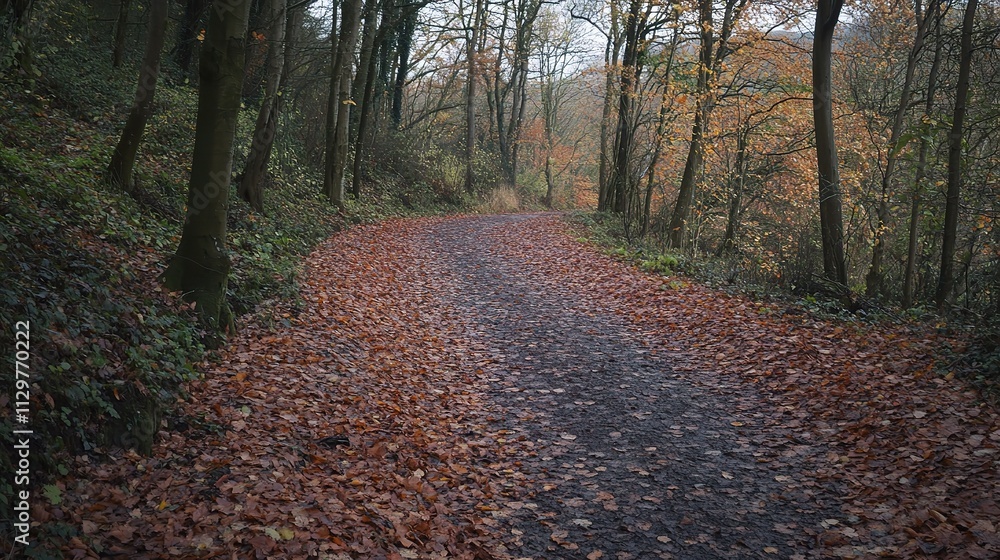 Obraz premium Serene Autumn Pathway in Enchanting Forest with Fallen Leaves