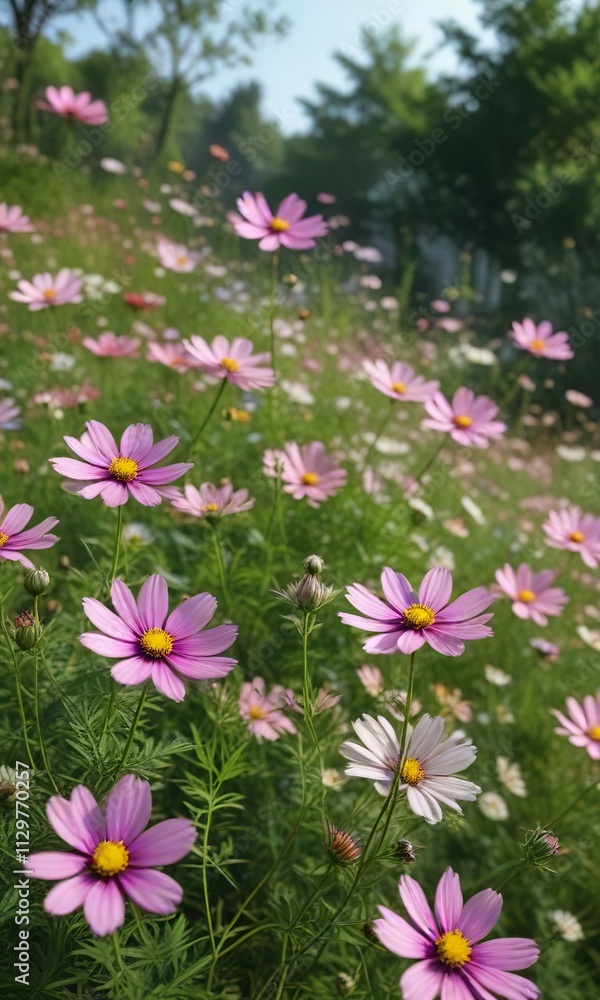 A delicate composition of cosmos flowers swaying in the breeze, amidst lush greenery and vibrant blooms, nature scenes, floral focus A delicate composition of cosmos flowers swaying in the breeze, amidst lush greenery and vibrant blooms, nature scenes, floral focus