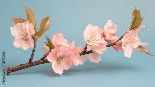 Delicate pink blossoms on a branch against a light blue background. photo