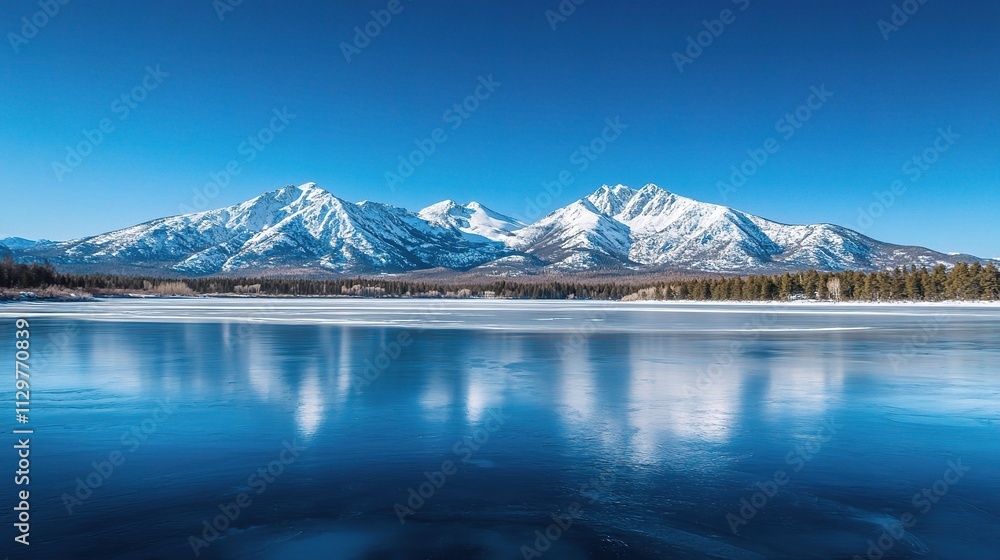 Serene Frozen Lake Surrounded by Majestic Snow-Capped Mountains Serene Frozen Lake Surrounded by Majestic Snow-Capped Mountains