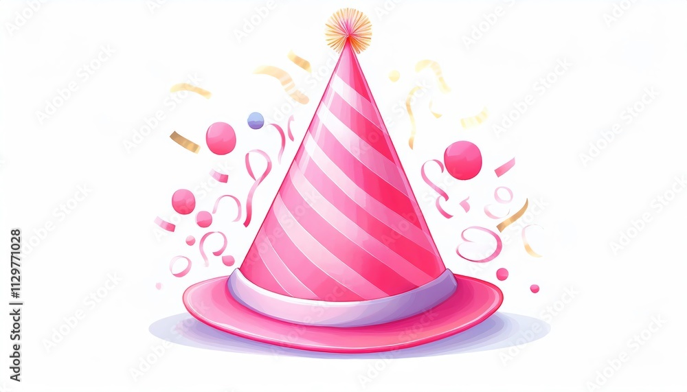 A vibrant pink party hat surrounded by colorful confetti, perfect for celebrations and festive occasions. A vibrant pink party hat surrounded by colorful confetti, perfect for celebrations and festive occasions.