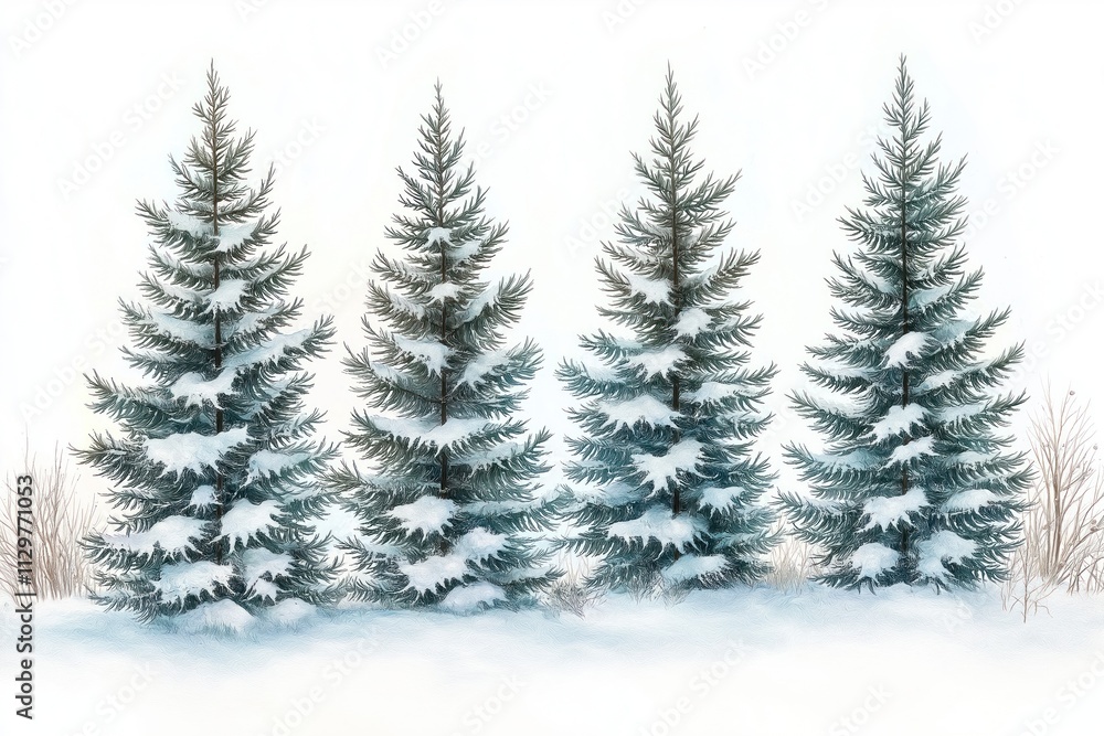 Winter spruce forest scene with snow covered trees. Hand drawn watercolor illustration. Winter landscape. Forest with snow covered spruces. Snowy winter trees. Quiet winter forest. Nature scene. Cold Winter spruce forest scene with snow covered trees. Hand drawn watercolor illustration. Winter landscape. Forest with snow covered spruces. Snowy winter trees. Quiet winter forest. Nature scene. Cold