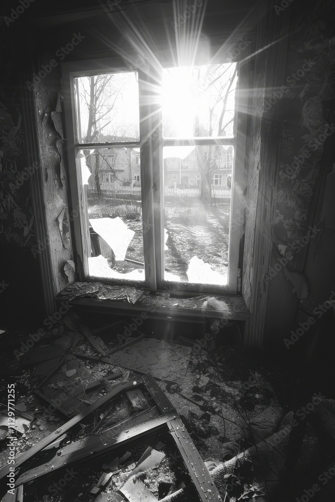 Fototapeta premium Sunlit Window In A Derelict Building Showing Shattered Glass