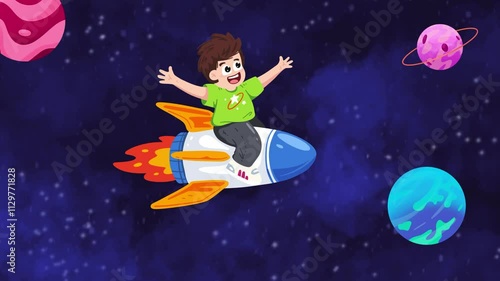 boy riding a rocket flying into space