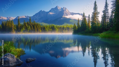 Serene Mist Floating Over Calm Lake with Majestic Mountain View