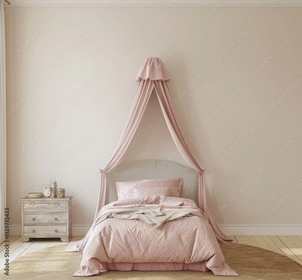 A single bed with a pink canopy in a light and airy bedroom A single bed with a pink canopy in a light and airy bedroom