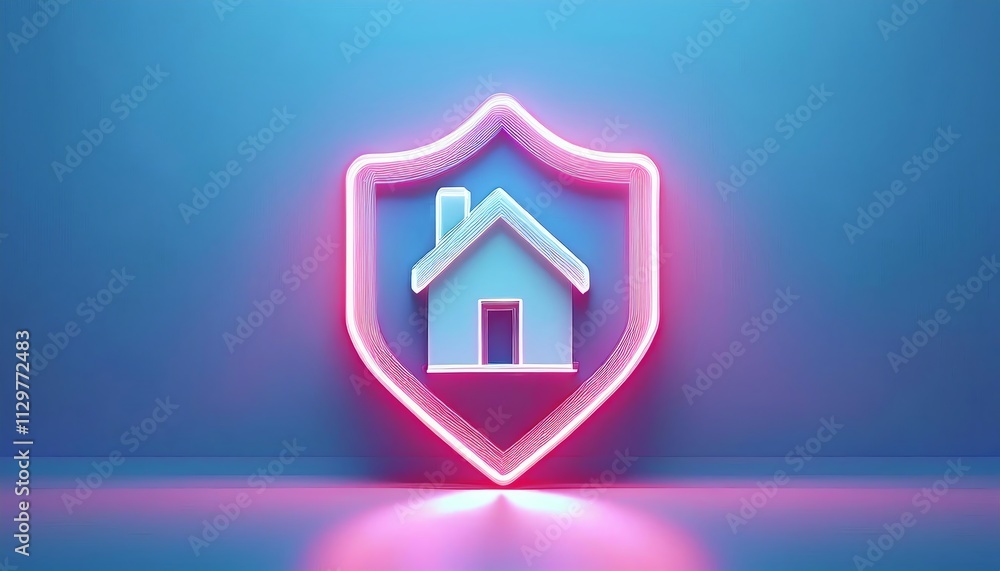 A neon house shield symbolizing home security against a vibrant blue background. A neon house shield symbolizing home security against a vibrant blue background.
