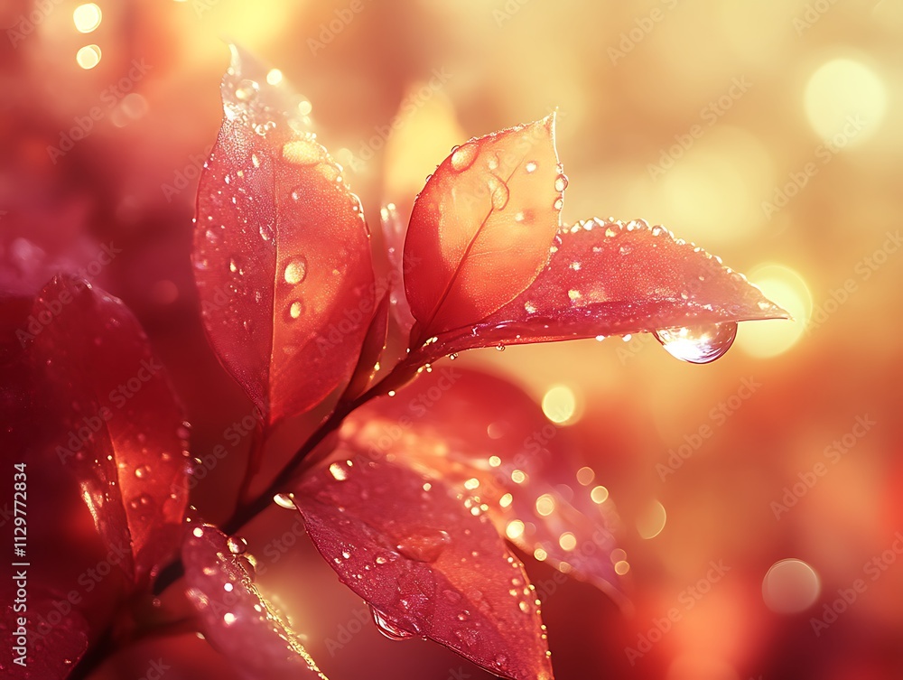 Fototapeta premium Red Leaves Glistening With Dew Drops In Sunlight
