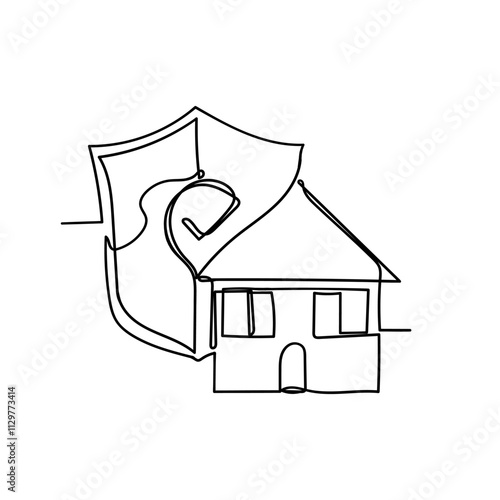 continuous line drawing house with shield protection icon 