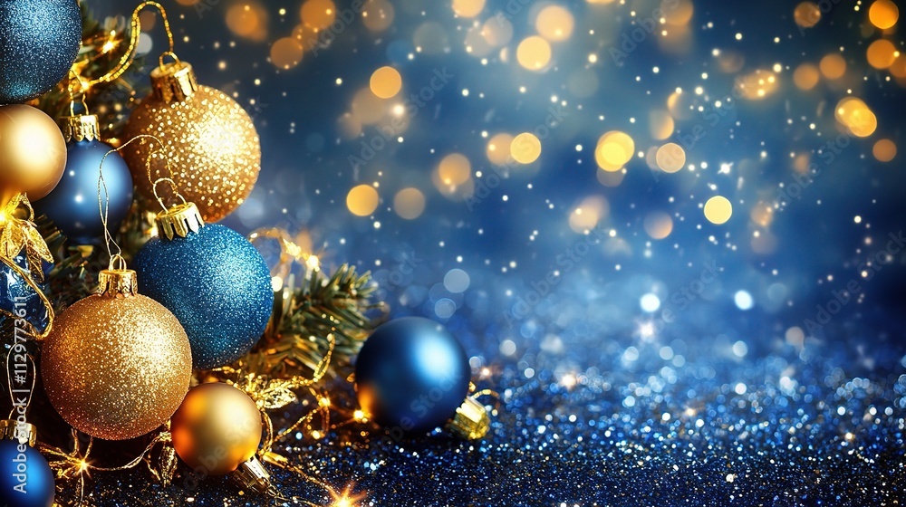 Shimmering Blue and Gold Christmas Background with Glittering Ornaments Shimmering Blue and Gold Christmas Background with Glittering Ornaments