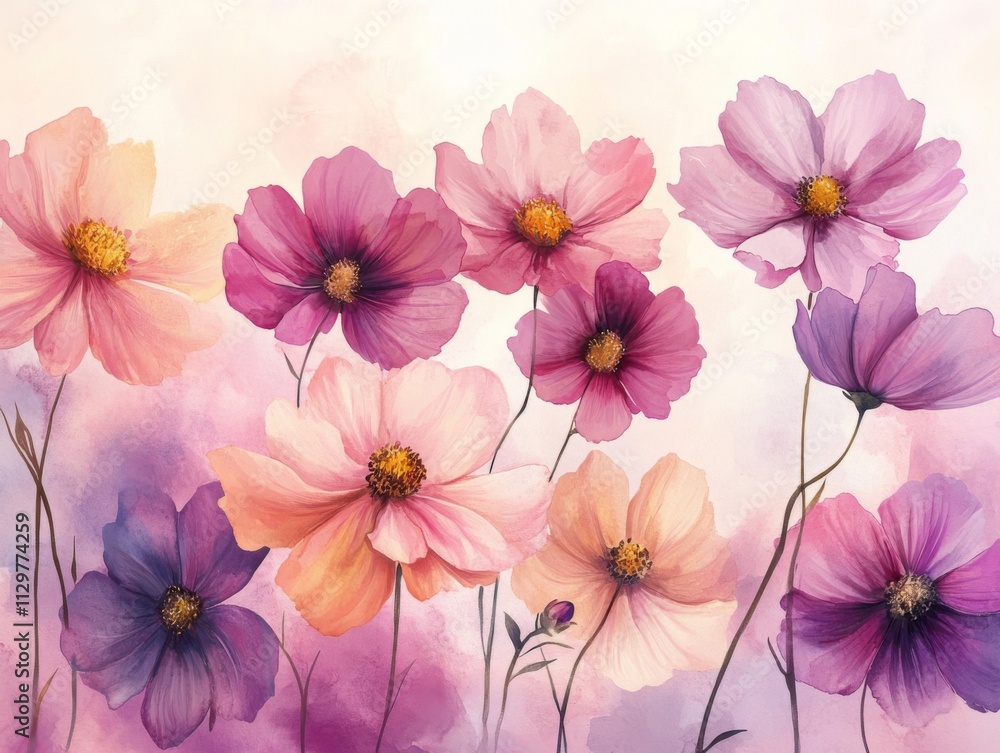 Serene watercolor cosmos delicate pinks and purples evoke tranquility Serene watercolor cosmos delicate pinks and purples evoke tranquility