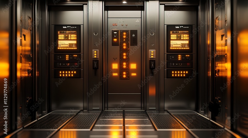 Futuristic metallic corridor with illuminated control panels and doors. Futuristic metallic corridor with illuminated control panels and doors.