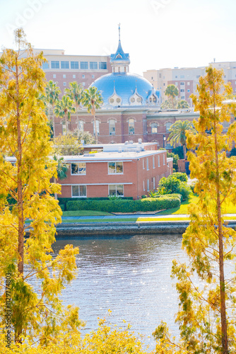 Tampa, Florida USA - Dec 09, 2024: The winter river landscape of University of Tampa, a medium-sized private university offering more than 200 programs of study, located at Tampa Downtown	
