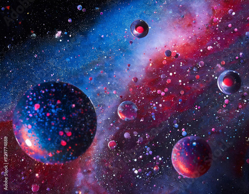 Wallpaper Mural Bubbles with stars and nebula behind splattered liquid paint in dynamic colors - generated by ai Torontodigital.ca