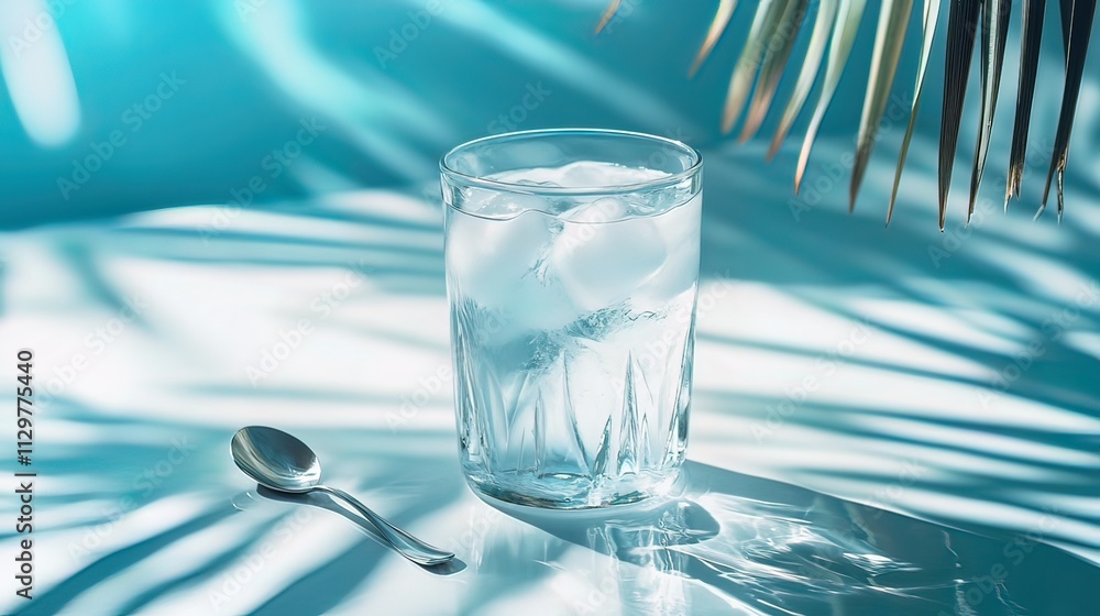 Glass of ice water with a spoon on a bright blue background with palm leaf shadows. Glass of ice water with a spoon on a bright blue background with palm leaf shadows.