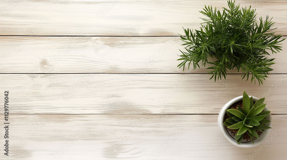 Top view of wooden table accompanied by 2 pots with green plants Top view of wooden table accompanied by 2 pots with green plants
