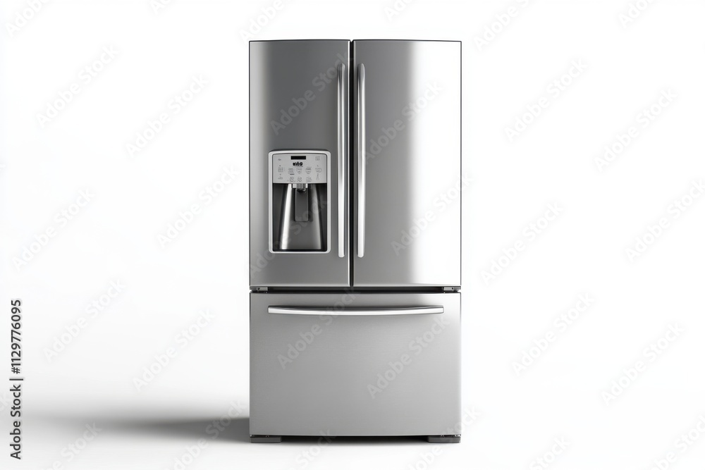 Modern Stainless Steel French Door Refrigerator with Ice and Water Dispenser in a Clean White Background Studio Shot Modern Stainless Steel French Door Refrigerator with Ice and Water Dispenser in a Clean White Background Studio Shot