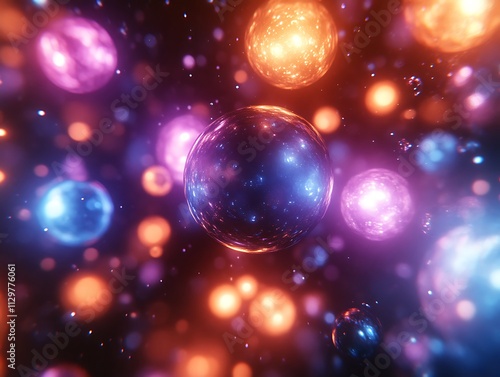 Luminous spheres float in a vibrant cosmic scene