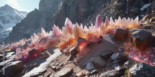 Colorful quartz crystals protruding from the surface of a mountain slope , crystal formations, mineral deposits, earthy hues