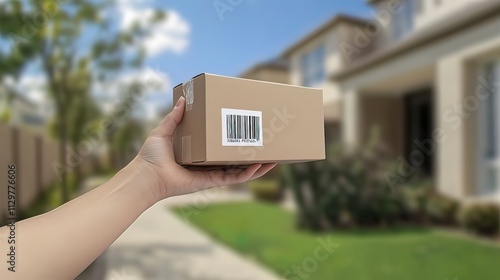 Fototapeta Naklejka Na Ścianę i Meble -  Hand holding a small cardboard package with barcode against blurred suburban houses background.