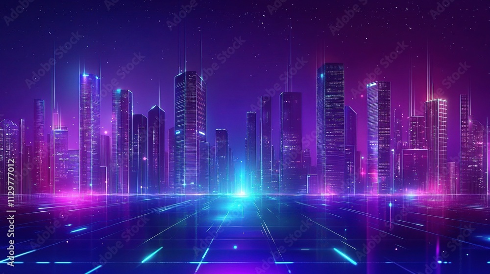 Glowing Futuristic Cityscape with Vibrant Lights and Digital Elements Glowing Futuristic Cityscape with Vibrant Lights and Digital Elements