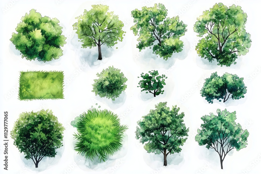 Fototapeta premium Set of watercolor illustrations showing different treetops, grass patches. Top-down view design elements for landscape layout, architecture plans. Ideal for creating landscape plans for eco-friendly