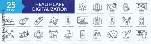 Healthcare digitalization icon collection set with electronic health record, telemedicine, augmented reality, nanotechnology, medical imaging