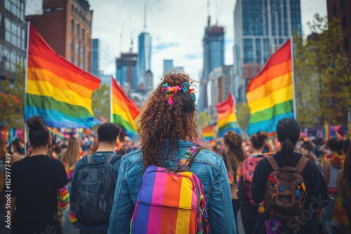 Young People Celebrating LGBTQ+ Rights at a Vibrant Pride Parade with Colorful Rainbow Flags and Expressions of Love and Diversity photo