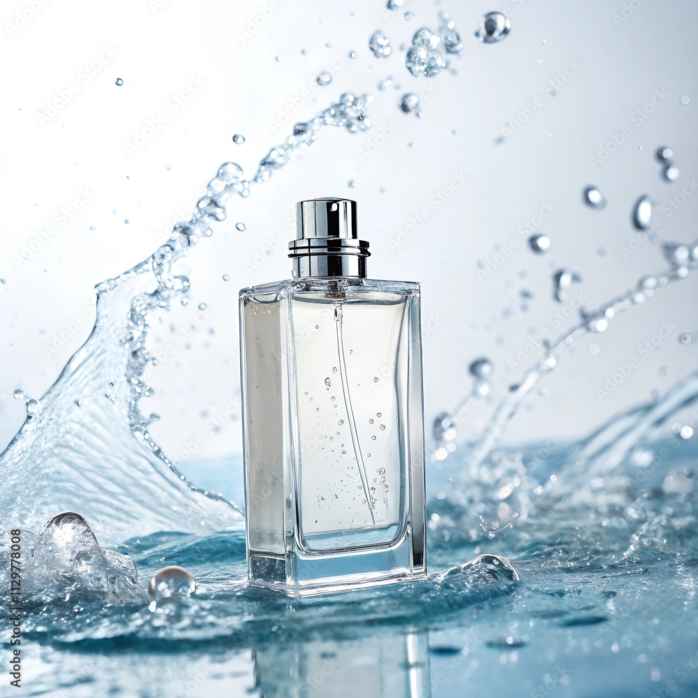 Modern perfume bottle with water splash effect on bright backdrop Close-up photo with clean background
Modern perfume bottle with water splash effect on bright backdrop Close-up photo with clean background