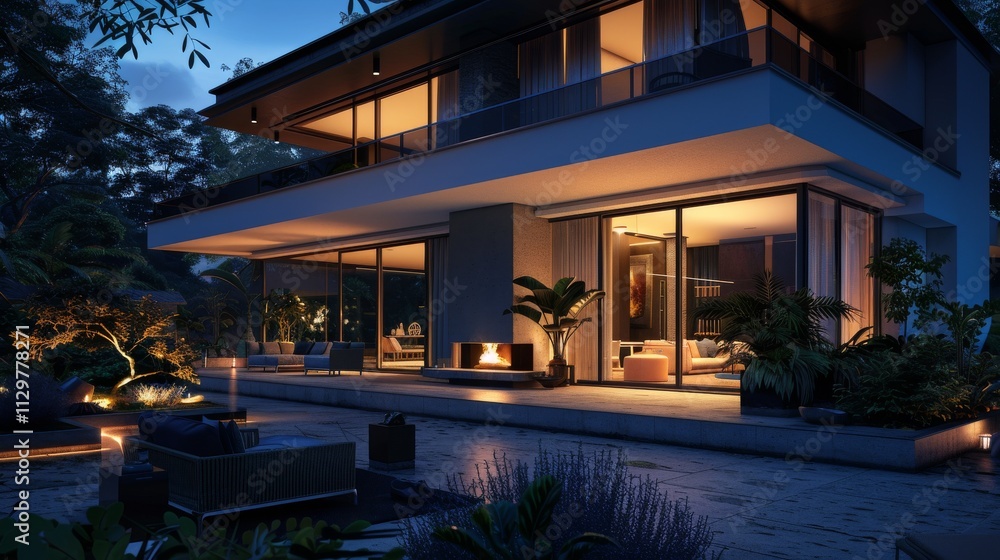 Obraz premium An elegant villa at night with bright interior lighting visible through expansive windows. The patio features a modern fireplace and cozy outdoor seating, surrounded by lush foliage. Ultra-detailed