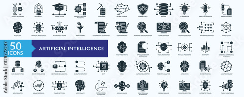 Artificial intelligence icon collection set with genetic algorithm, expert system, natural language processing, neural network, machine learning