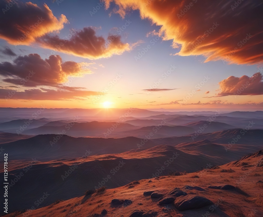 Naklejka premium Dramatic sunrise over a vast expanse of blue and orange hue sky, deep blues and oranges, colorful sky, sun rise