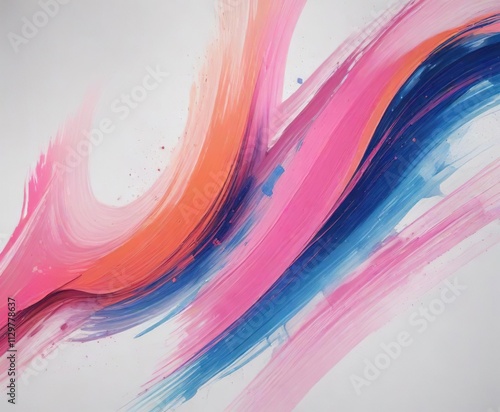 Dynamic orange and pink brush strokes on a white canvas with blue undertones , ModernDynamicArt, #OrangePinkAbstract photo